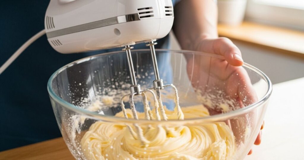 Mixing butter and sugar in a large bowl with a hand mixer