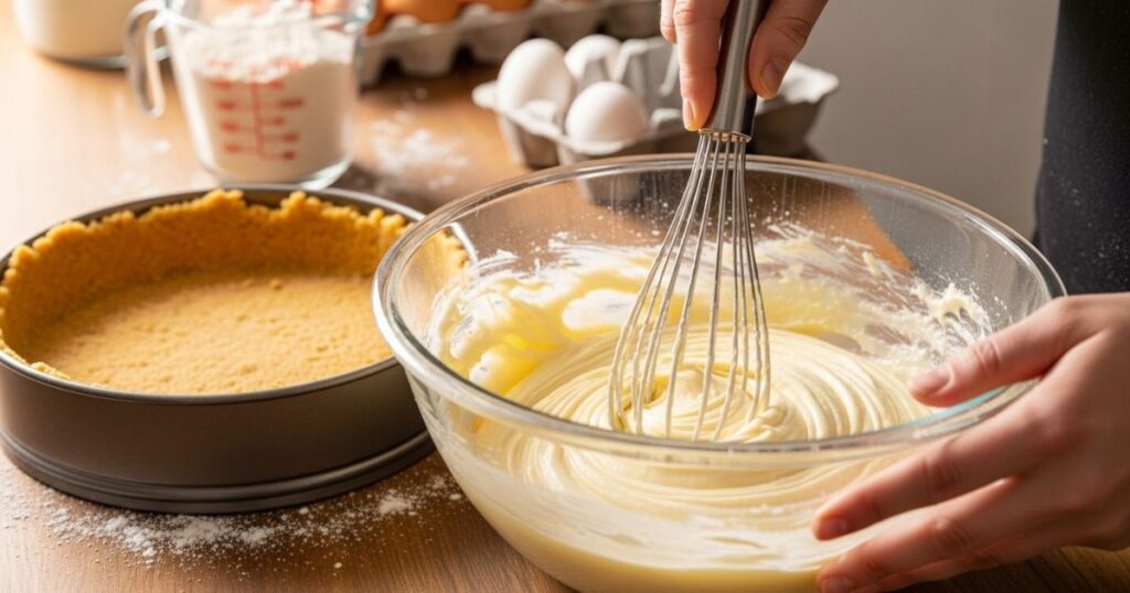 Mixing creamy cheesecake batter in a large bowl