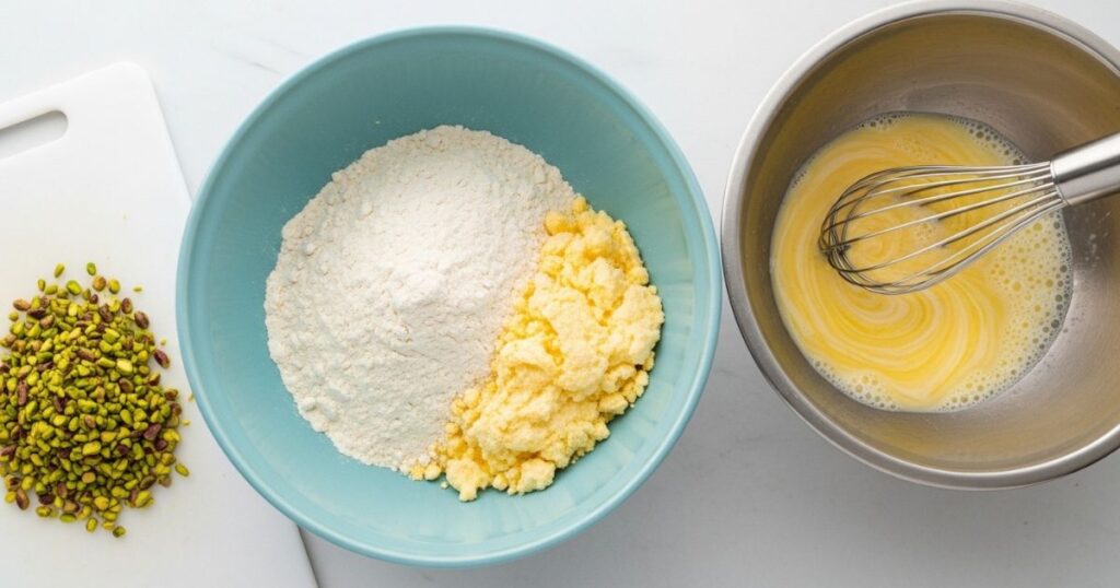 Mixing dry and wet ingredients for pistachio pudding bread