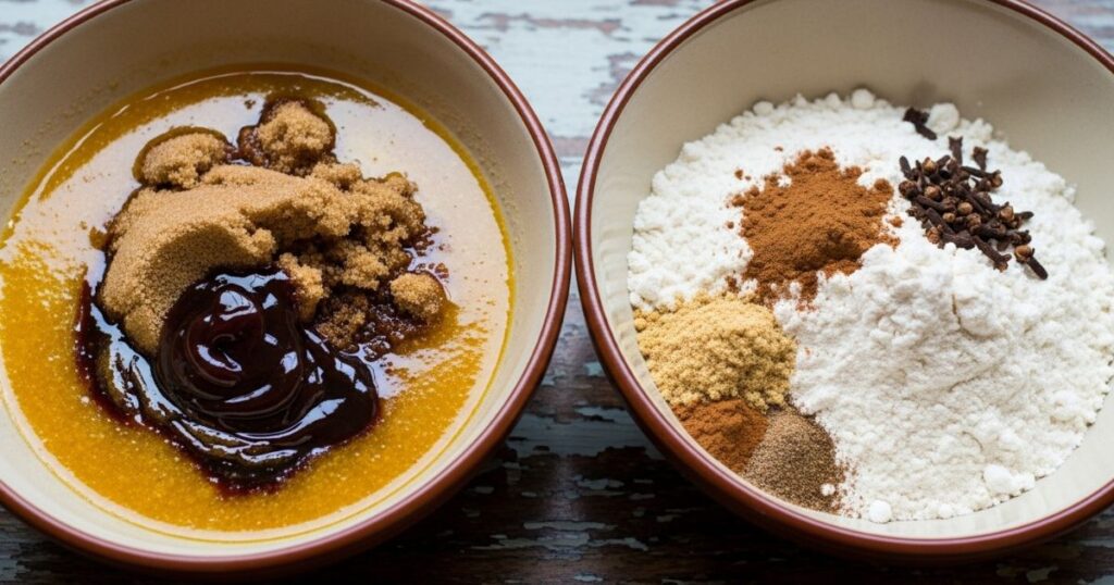 Mixing wet and dry gingerbread brownie ingredients