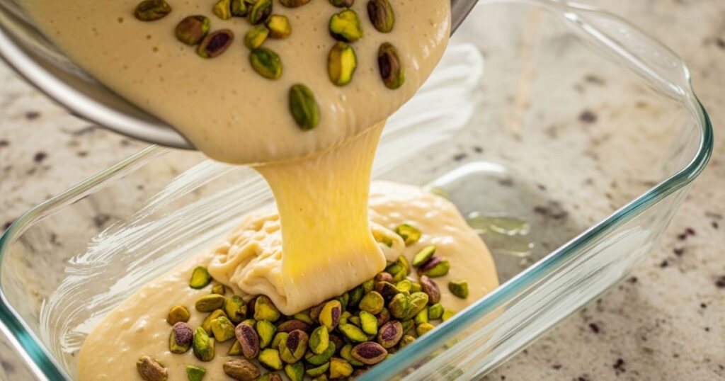 Pistachio pudding bread batter in a loaf pan ready for baking