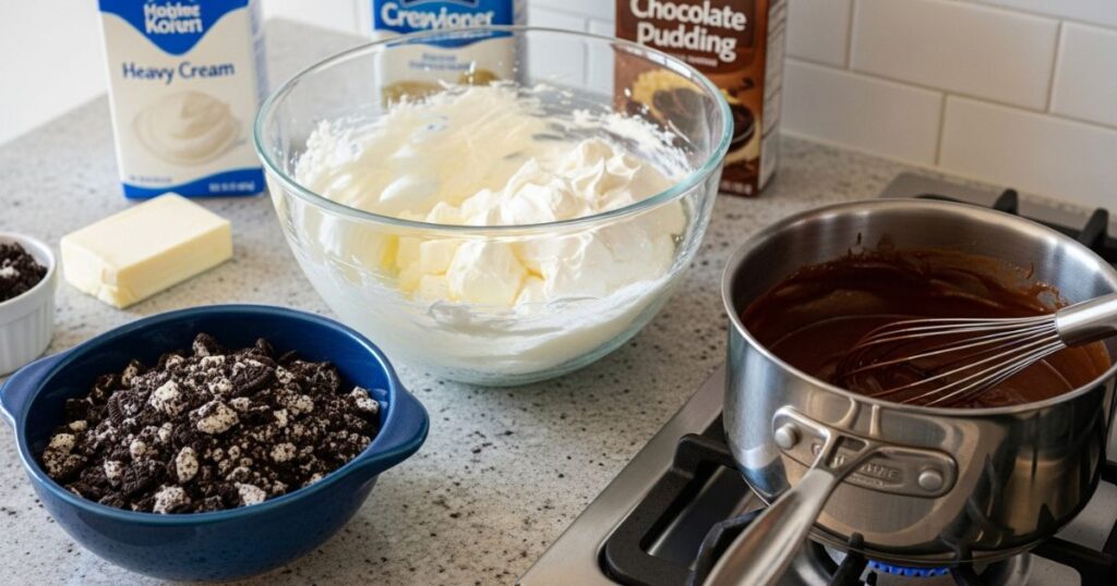 Preparing the layers of Oreo dirt cake with cream mixture and pudding