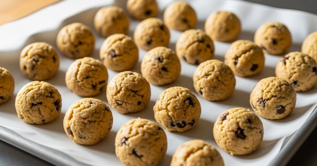 Rolled cookie dough balls placed on a parchment-lined baking tray