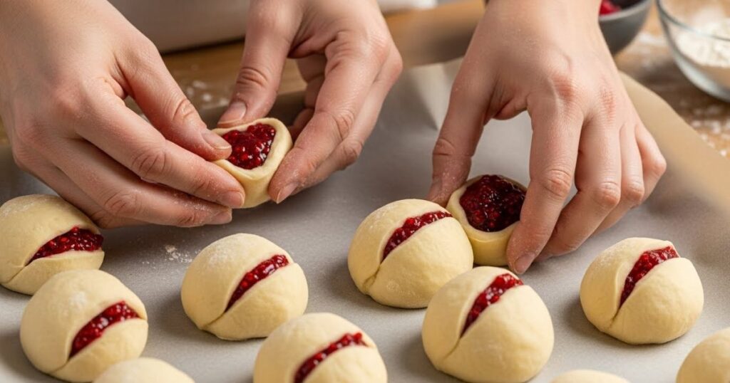 Shaping raspberry filled snowball cookies on a baking tray