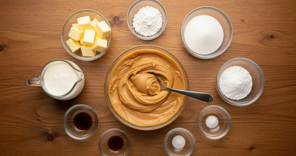 Simple ingredients for peanut butter fudge arranged on a wooden surface