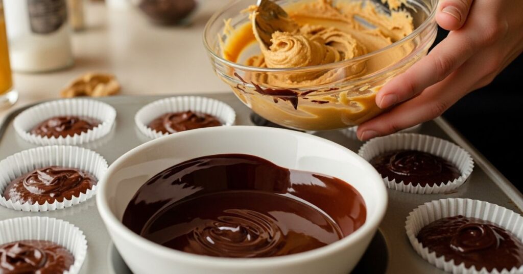 Steps showing how to prepare homemade peanut butter cups