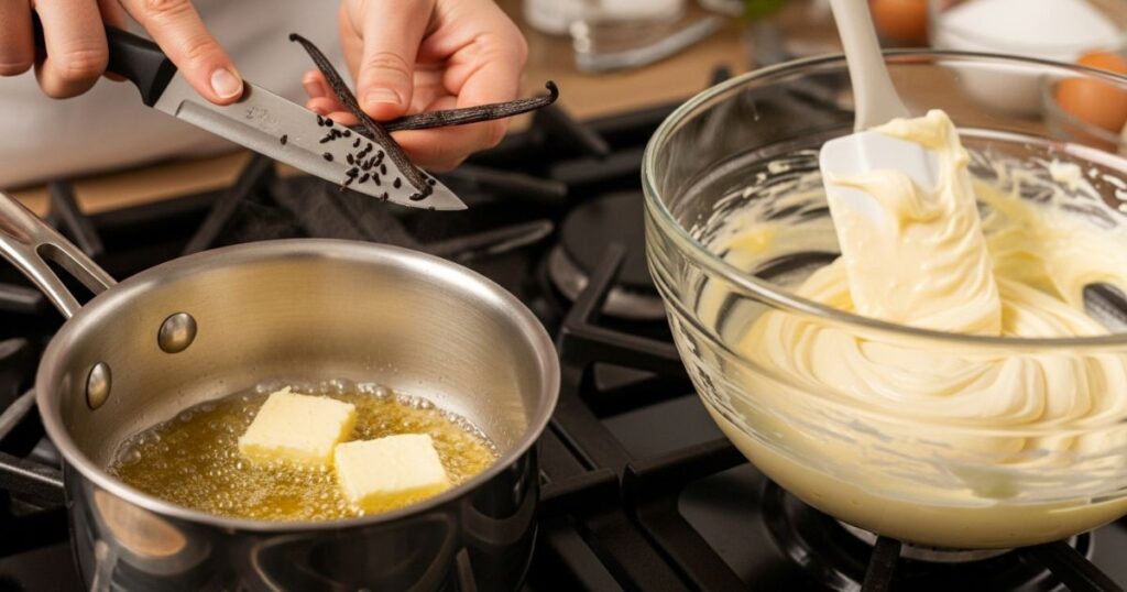 Steps showing how to prepare the vanilla bean brown butter cheesecake filling