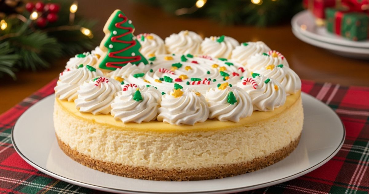 Whole Christmas sugar cookie cheesecake decorated with whipped cream