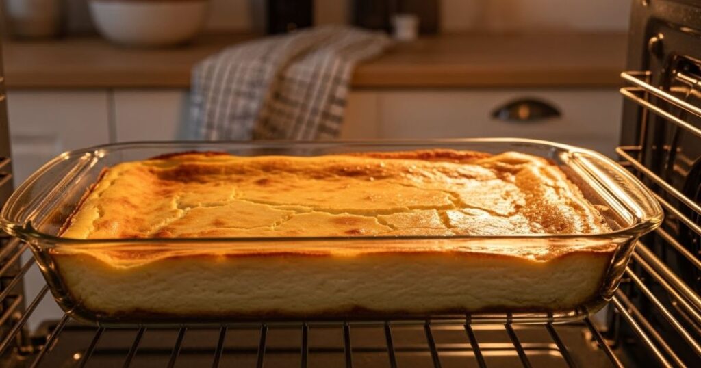 Cheesecake bars baking in a rectangular pan inside an oven