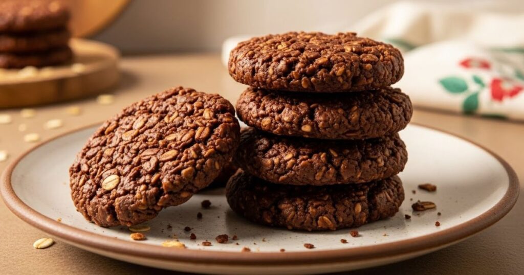 Chocolate no bake cookies with oats stacked on a plate