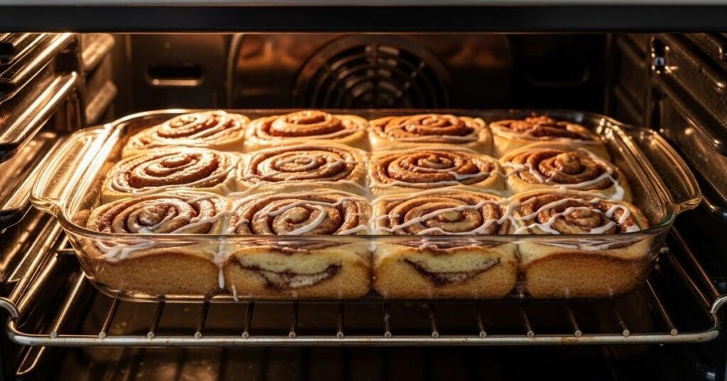 Cinnamon roll bliss bars baking in the oven