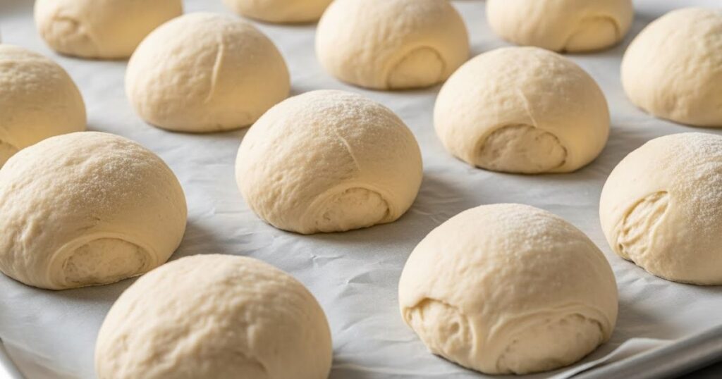 Cookie dough balls arranged on a baking sheet