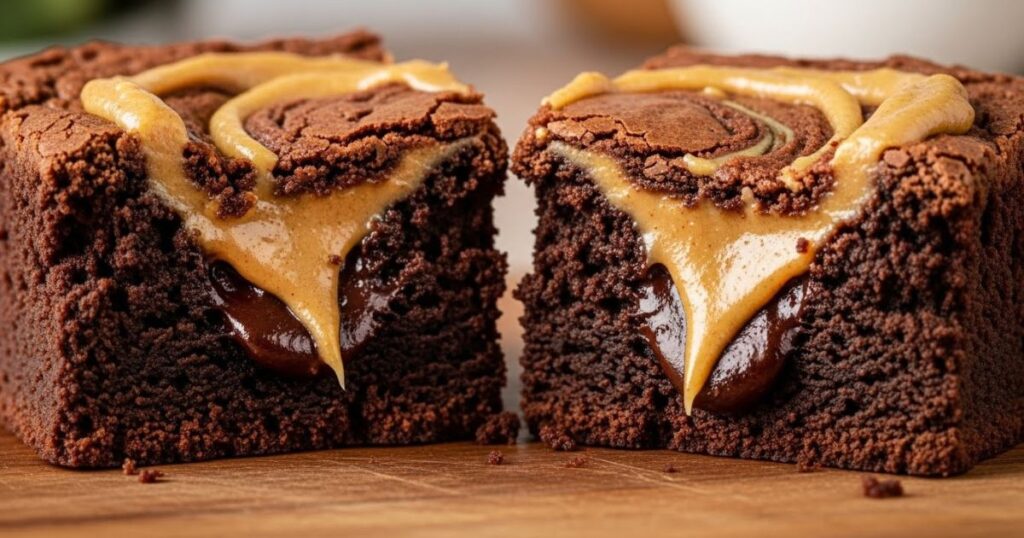 Cross-section of a fudgy peanut butter brownie showing gooey chocolate and creamy peanut butter swirl