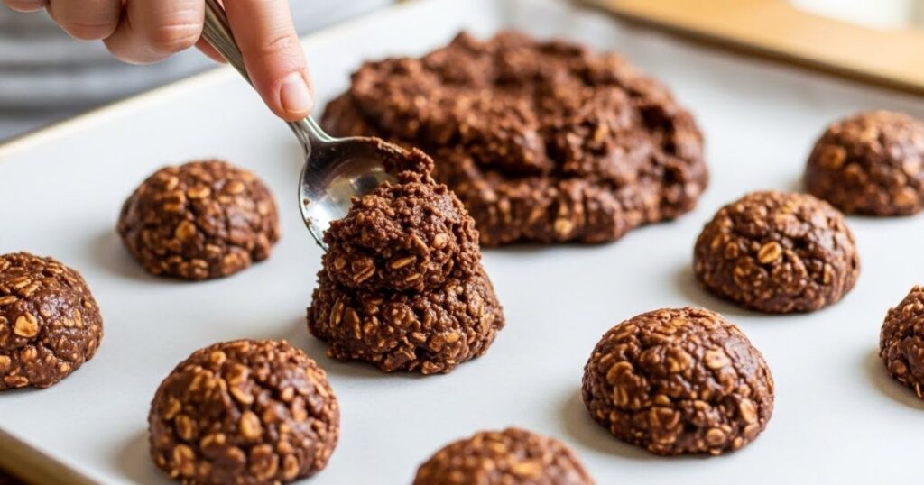 Dropping chocolate no bake cookies onto a baking sheet