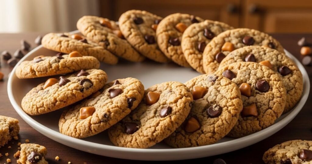Finished chocolate chip toffee shortbread cookies on a plate