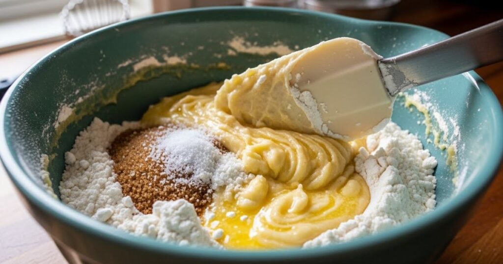 Folding dry ingredients into wet mixture