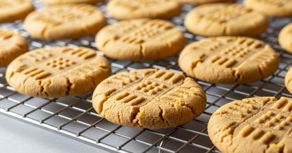 Fresh peanut butter cookies cooling on a wire rack