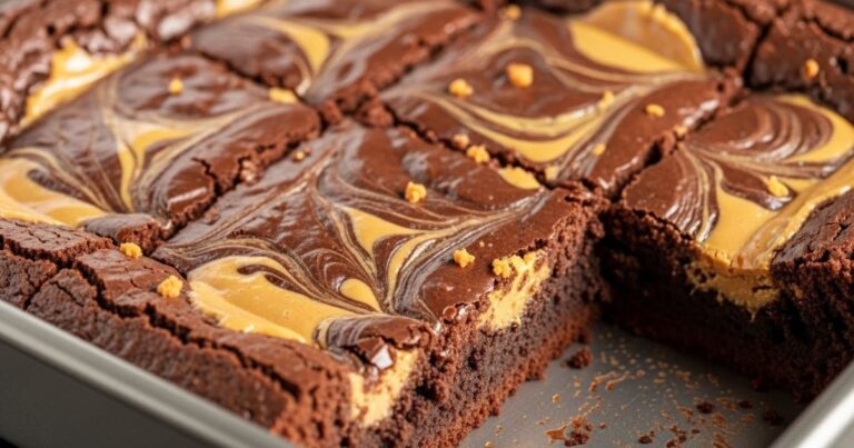 Freshly baked fudgy peanut butter brownies in a square pan with creamy peanut butter swirls on top