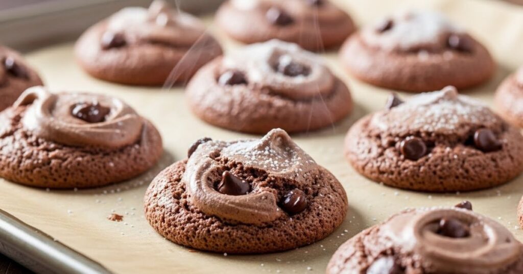 Freshly baked hot chocolate meringue cookies cooling on a parchment lined baking sheet