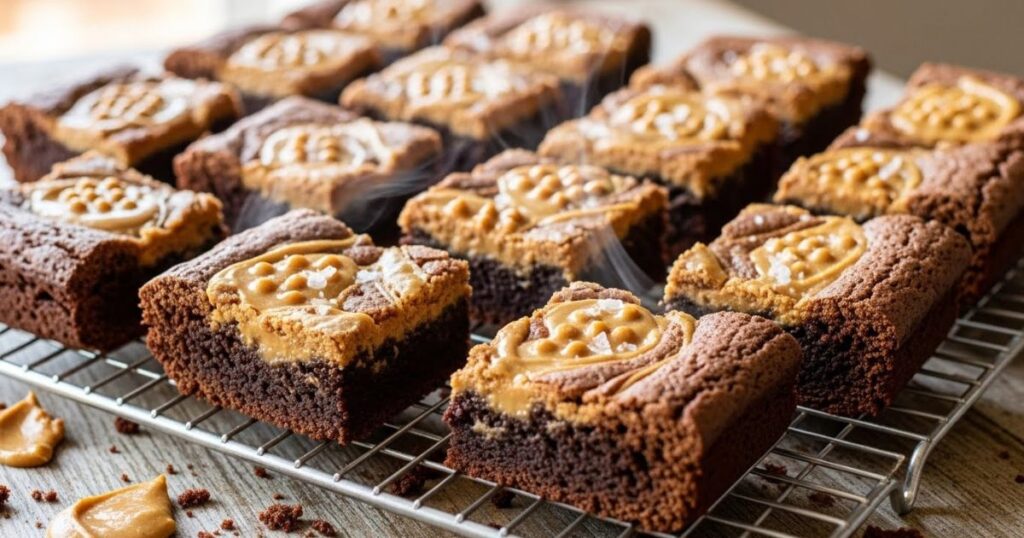 Freshly baked peanut butter brownies cooling on a wire rack