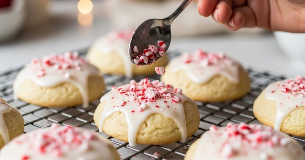 Glazed peppermint meltaway cookies with crushed candy topping