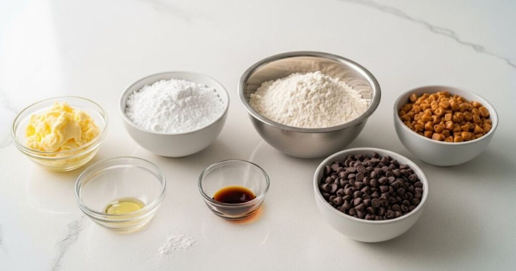 Ingredients for chocolate chip toffee shortbread cookies