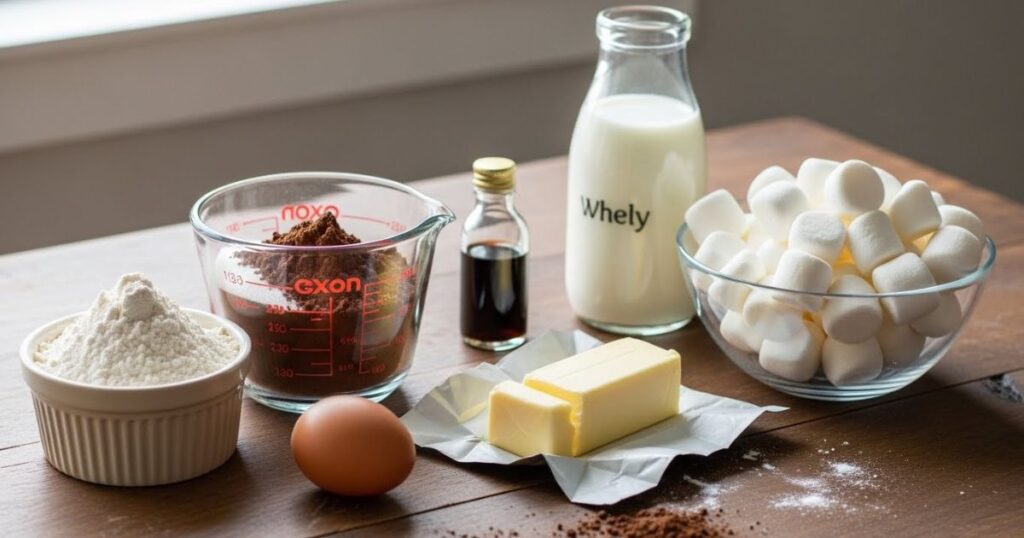 Ingredients for marshmallow hot cocoa surprise cookies
