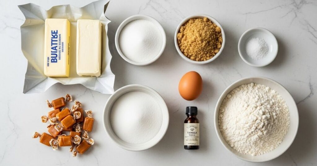 Ingredients needed to make salted caramel cream cheese cookies