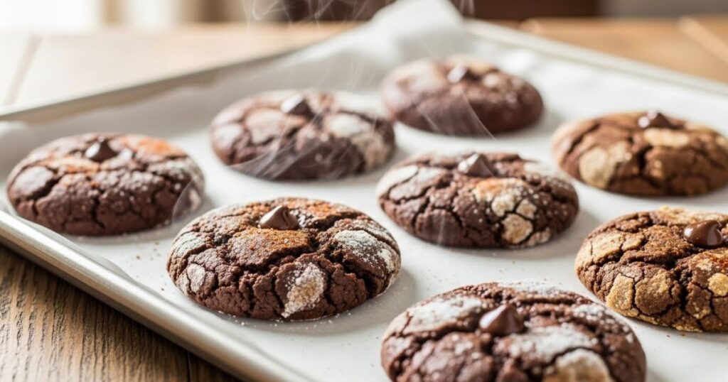 Mexican hot chocolate cookies cooling on baking tray