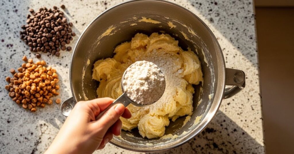 Mixing the dough for chocolate chip toffee shortbread cookies
