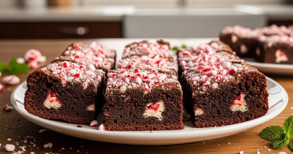 Peppermint brownies sliced into squares on a plate
