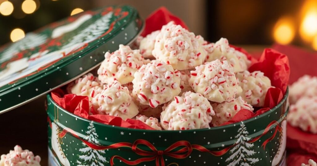 Peppermint meltaway cookies arranged in a festive tin
