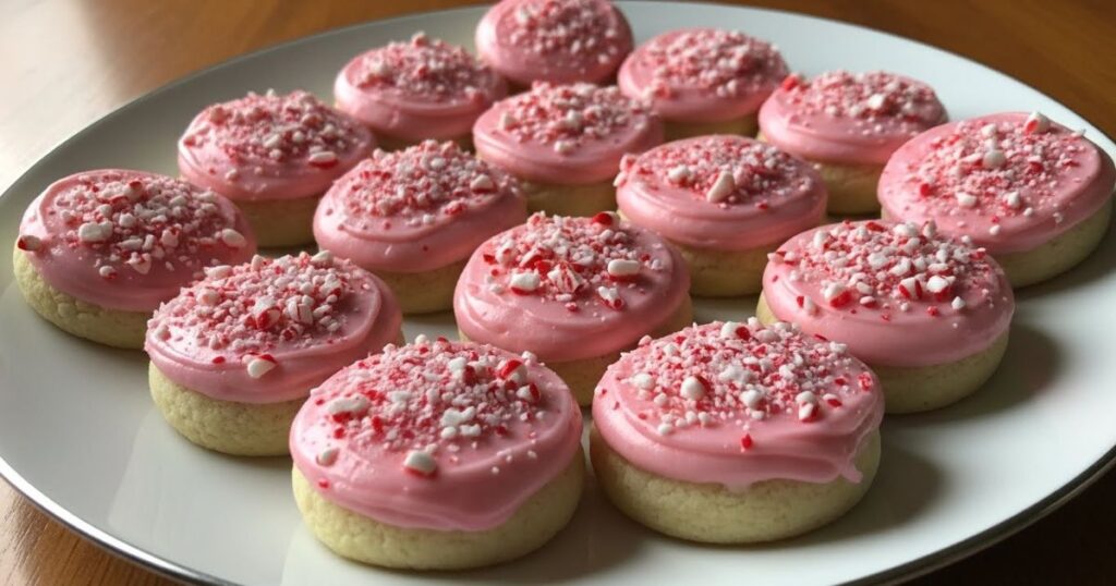 Peppermint meltaway cookies topped with crushed peppermint on a holiday plate