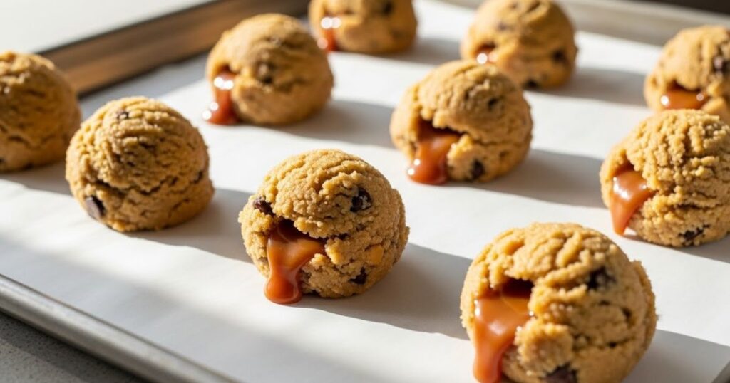 Salted caramel cream cheese cookie dough balls ready for baking