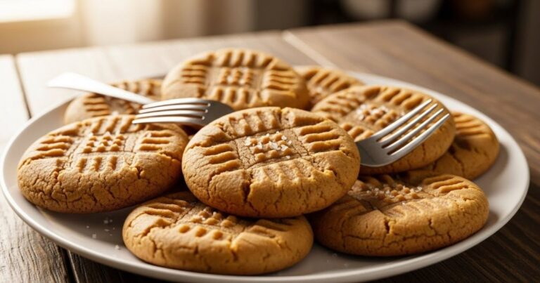 Soft peanut butter cookies with fork marks on a wooden table