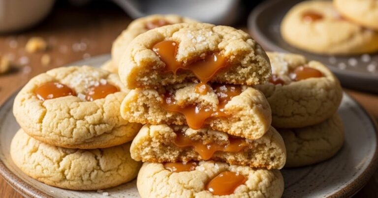Soft salted caramel cream cheese cookies with melted caramel centers and sea salt topping