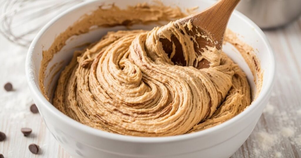 Thick cookie dough made from cake mix in a bowl