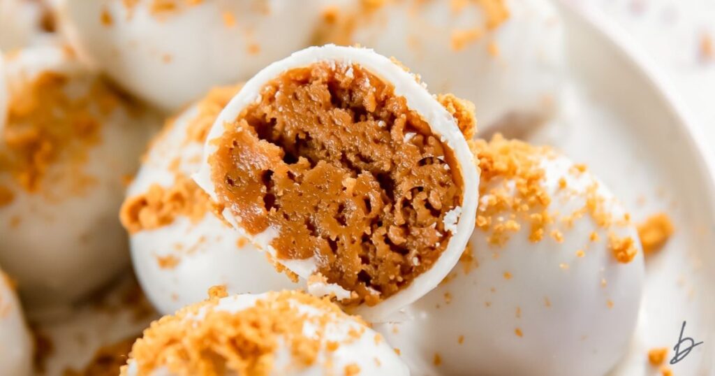 Truffle cut in half showing creamy cookie butter center