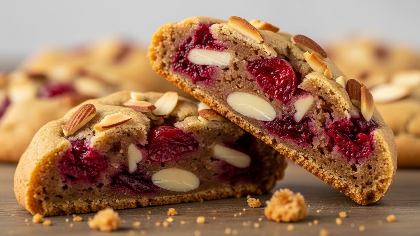 inside of cherry almond cookie with cherries and almonds