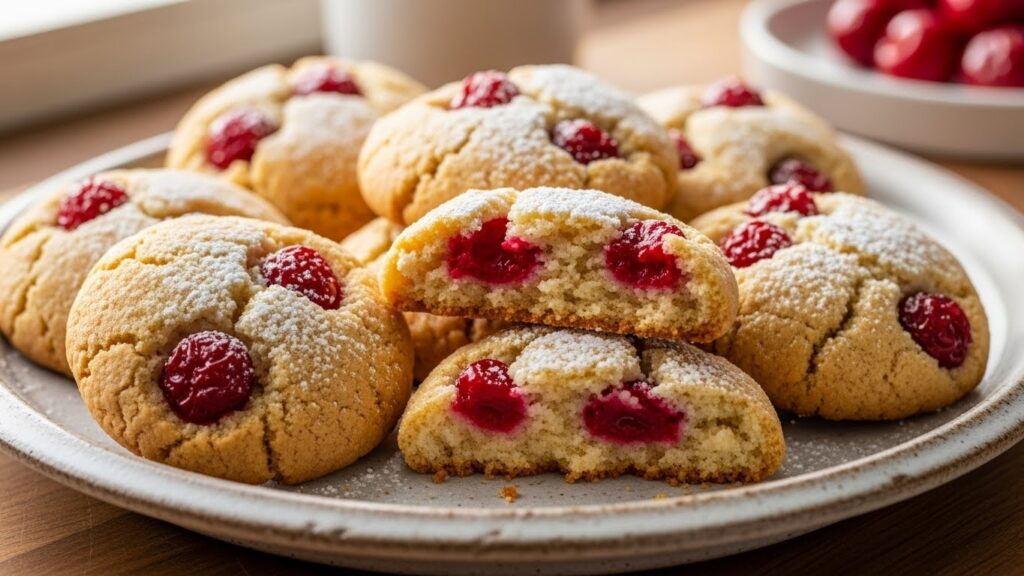 cherry almond cookies with red cherry pieces
