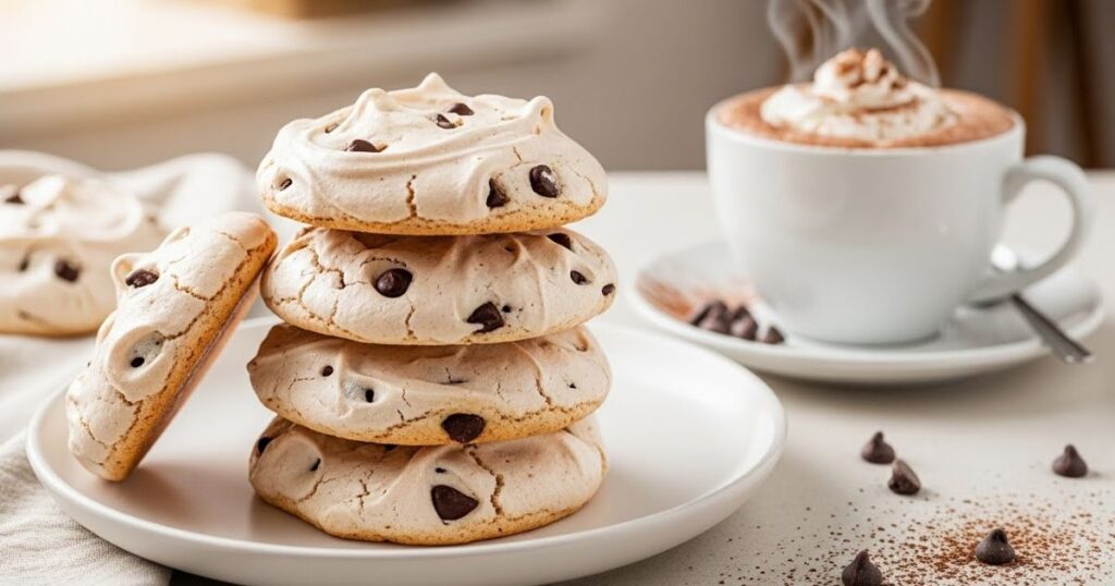 chocolate chip meringue cookies served with hot cocoa