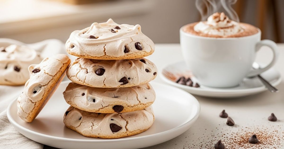 chocolate chip meringue cookies served with hot cocoa