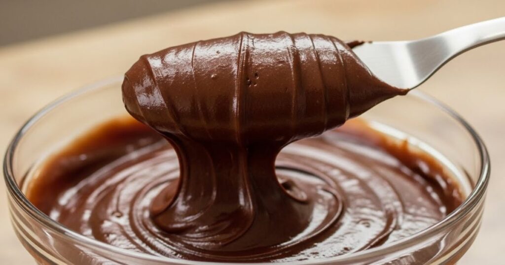 chocolate fudge frosting in a bowl.