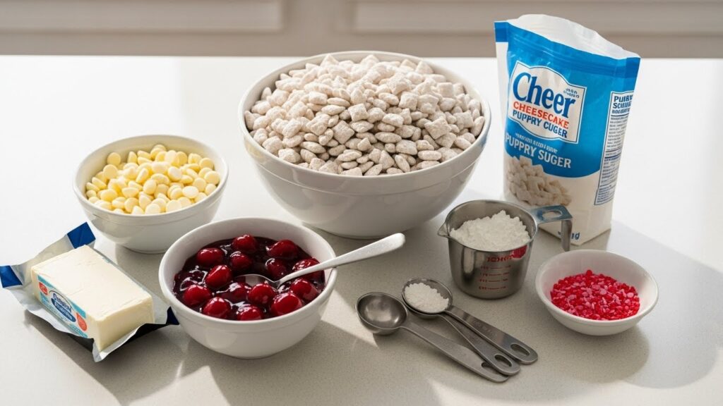 Ingredients for cherry cheesecake puppy chow