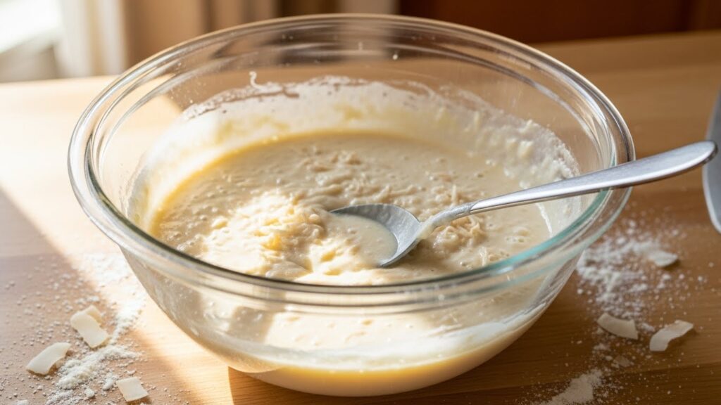 Coconut cream pancake batter before cooking