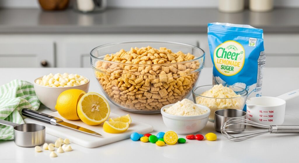 Ingredients for lemonade puppy chow on counter