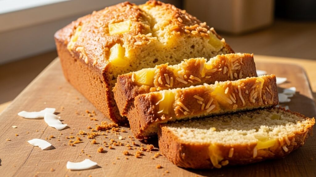 Pineapple coconut bread sliced and ready to serve