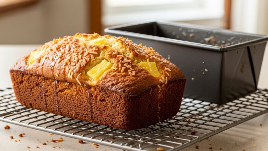 Pineapple coconut bread cooling on a rack