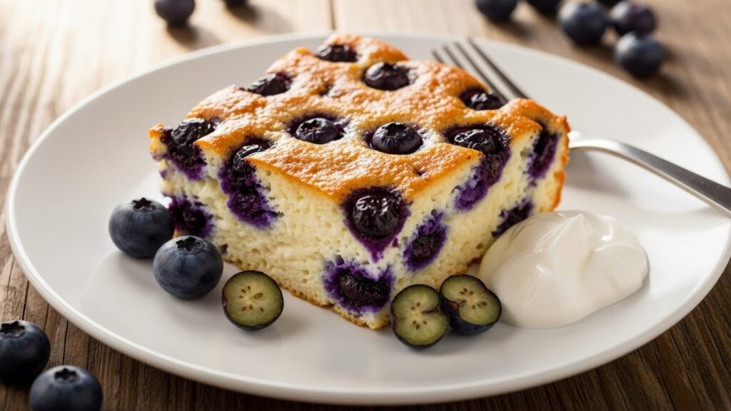 Sliced blueberry cottage cheese breakfast bake