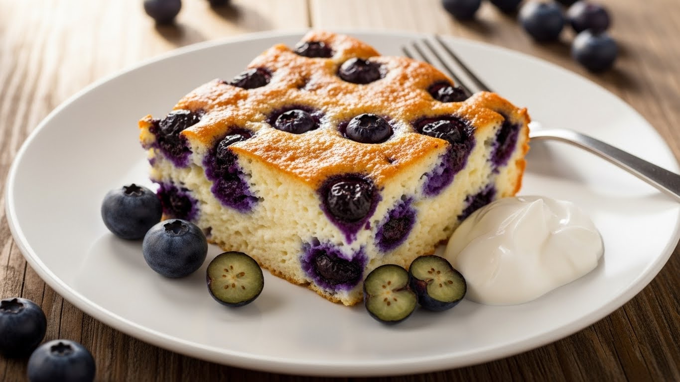 Sliced blueberry cottage cheese breakfast bake